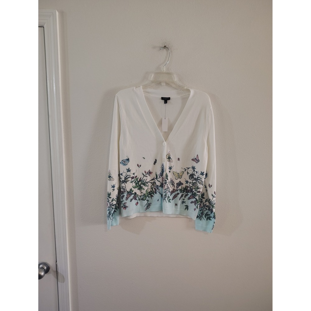 Talbots Petite White Butterfly Botanical V-Neck Cardigan Sweater NWT PL